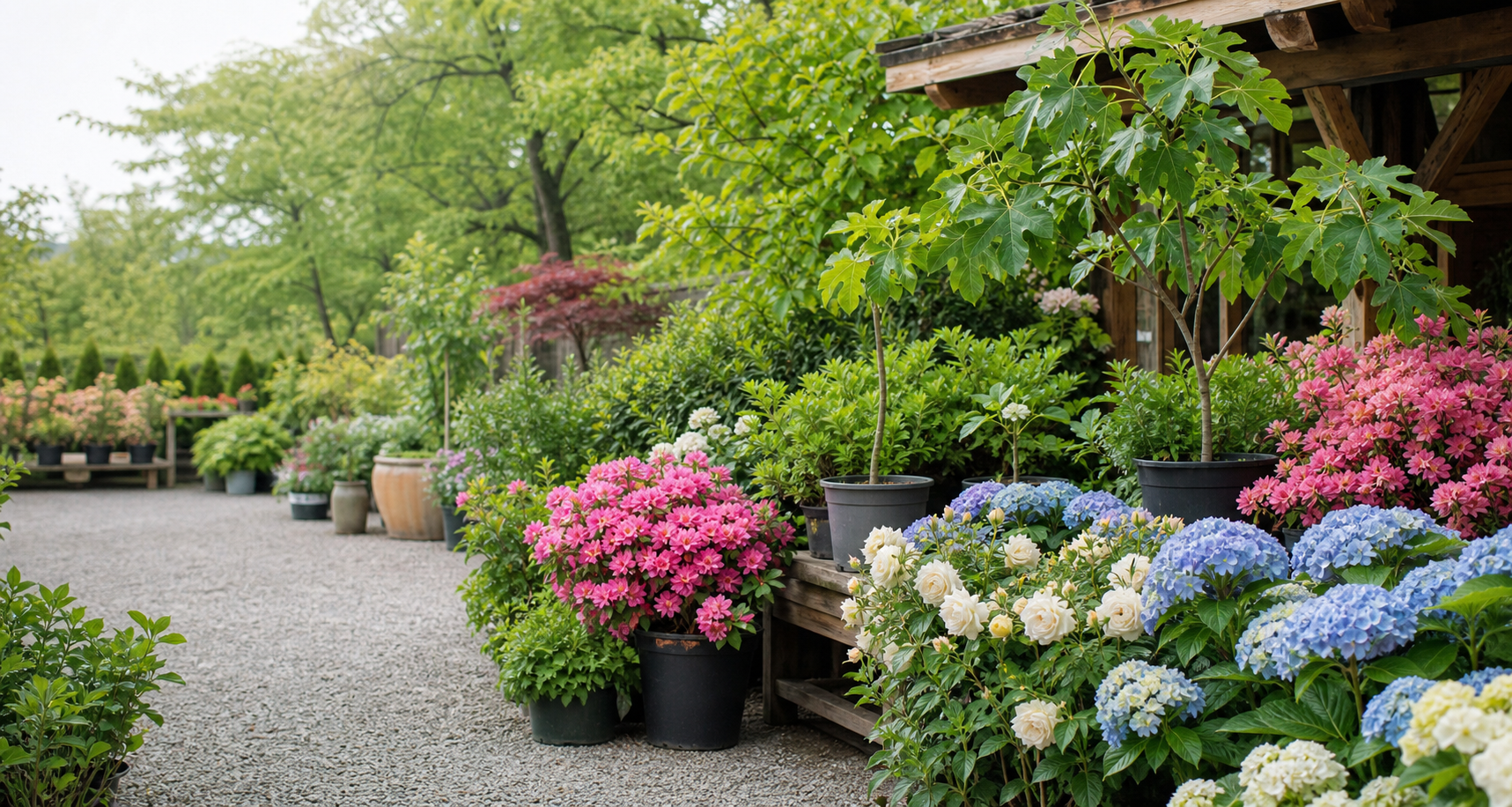 A lush nursery display of azaleas, hydrangeas, roses, fig trees, and laurels.